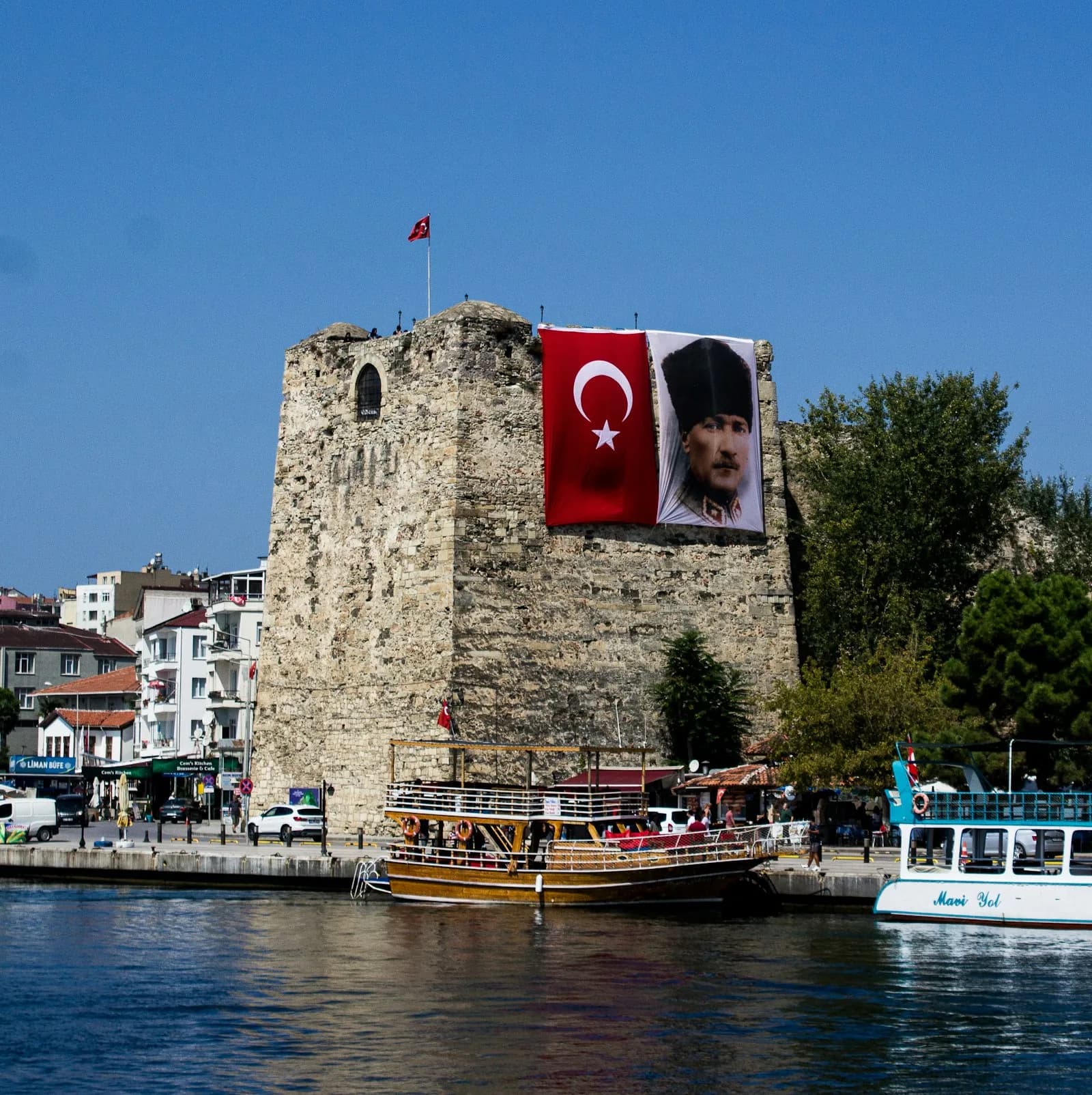 Sinop yazılım hizmet kapsamı — Sinop Kalesi burcu ve liman önündeki tur tekneleri
