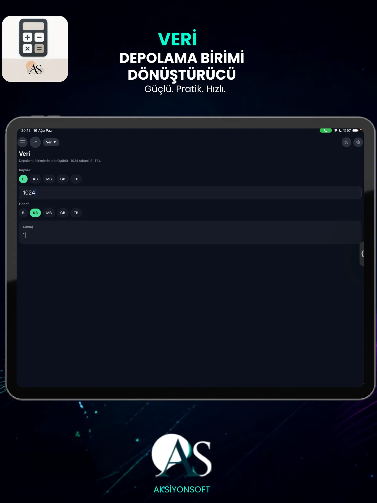 Aksiyon Calculator iPad veri birimi dönüşümü