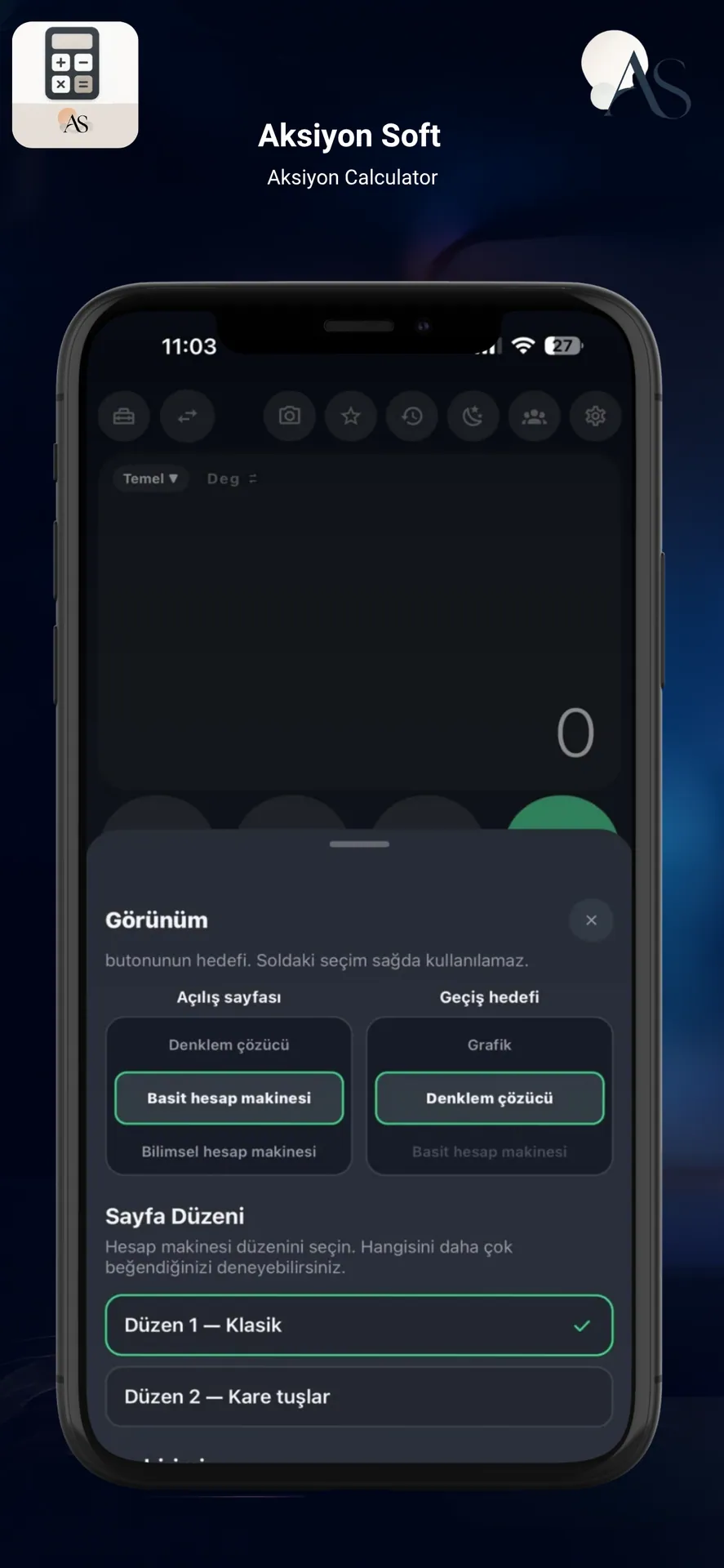 Aksiyon Calculator iPhone görünüm ayarları