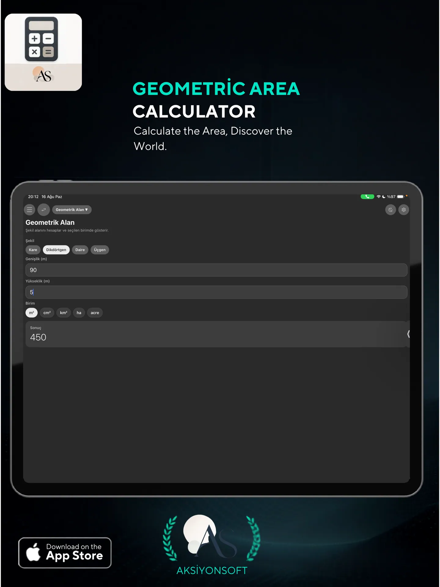 Aksiyon Calculator iPad geometri hesapları