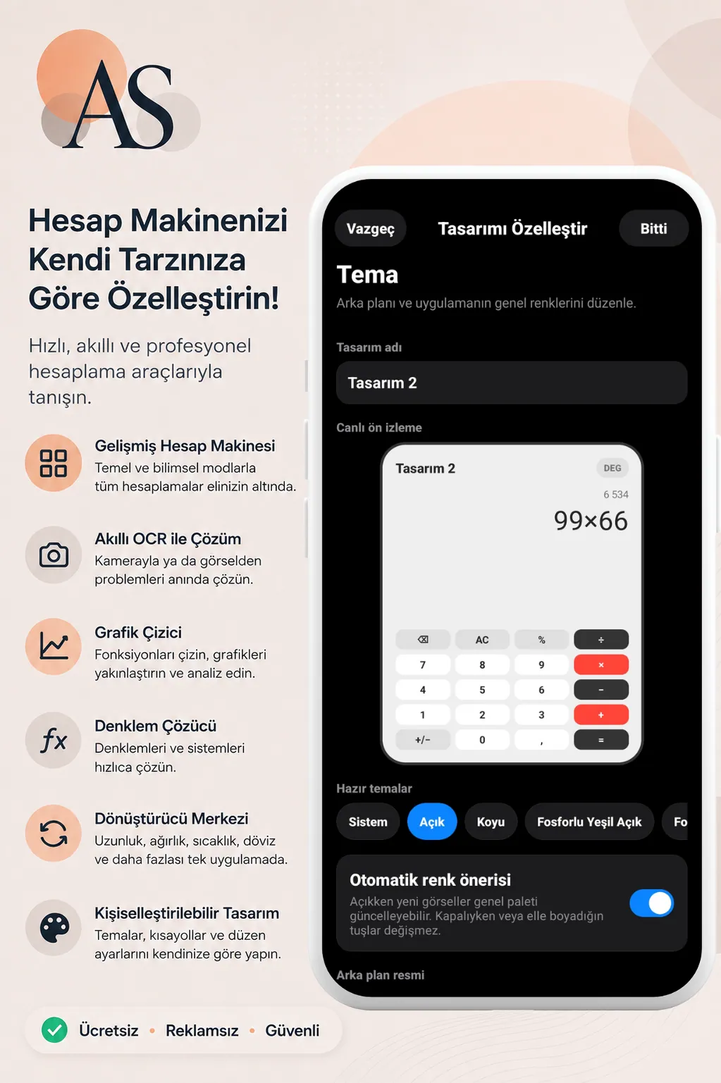 Aksiyon Calculator Android görünüm özelleştirme